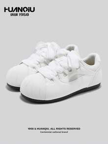 HUANQIU Giày thể thao đế xuồng kẻ sọc tối giản, giày sneaker trắng đế phồng, giày thể thao buộc dây thời trang thường ngày cho mùa xuân. - trắng - Xem 2