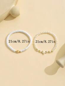 2pcs Fashionable Minimalist Soft Ceramic Faux Pearl Beaded Starfish & Shell Anklet Set, Versatile For Daily And Beach Wear - White - View 4