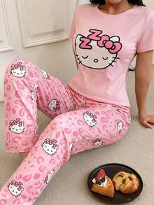 SANRIO 两件套 Hello Kitty 图案女士睡衣套装，柔软短袖上衣和长裤，可爱舒适的家居服 - 粉色 - 查看 3