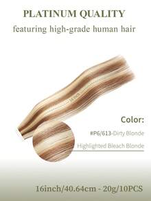 DNE HAIR 10件組 100% 真人髮 無縫隱形接髮片，14-22英吋長，#P6/613 淺棕色挑染金髮 直髮，絲滑無縫，頂級品質，髮尾厚實，適合細髮，適合女性日常使用與美髮沙龍 - S6/613 - 查看 16