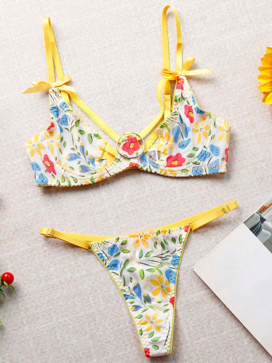 2pcs Women's Sexy Embroidered Mesh Sheer Camisole Bra Set, Suitable For Party And Carnival Wear - Yellow - View 1
