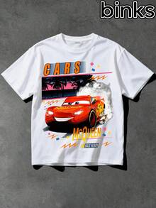 Disney Super Racing Lightning McQueen Pattern Short Sleeve T-Shirt, Cartoon Element Fashion Loose Short Sleeve Street Style T-Shirt, Spring/Summer Fashion Versatile Top - trắng - Xem 2