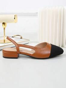 2026新款加大码女式后系带凉鞋，平底方头真皮鞋，百搭法式优雅低跟混色中跟经典复古风鞋履 - 土黃色 - 查看 9