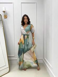 Women's Wrap Jumpsuit With Neckline And Adjustable Belt - Xanh lam/Trắng - Xem 3