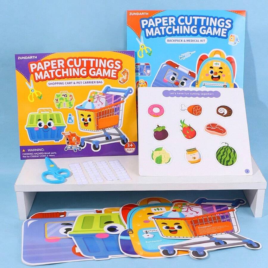 Paper Cutting Matching Puzzle Game, Paper Cutting And Matching, Montessori Education STEM Toy, Includes Shopping Basket, Pet Bag, Backpack And Medical Kit, Develop Fine Motor Skills - Multicolor - View 1