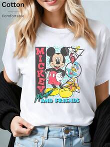 Disney Loose Fit "MICKEY MOUSE AND FRIENDS" Geometric Style Mickey And Partner Printed T-Shirt, Suitable For Summer And Spring, Short Sleeved Tops, Women's Clothing, Holiday Gift Party Clothing. - trắng - Xem 1