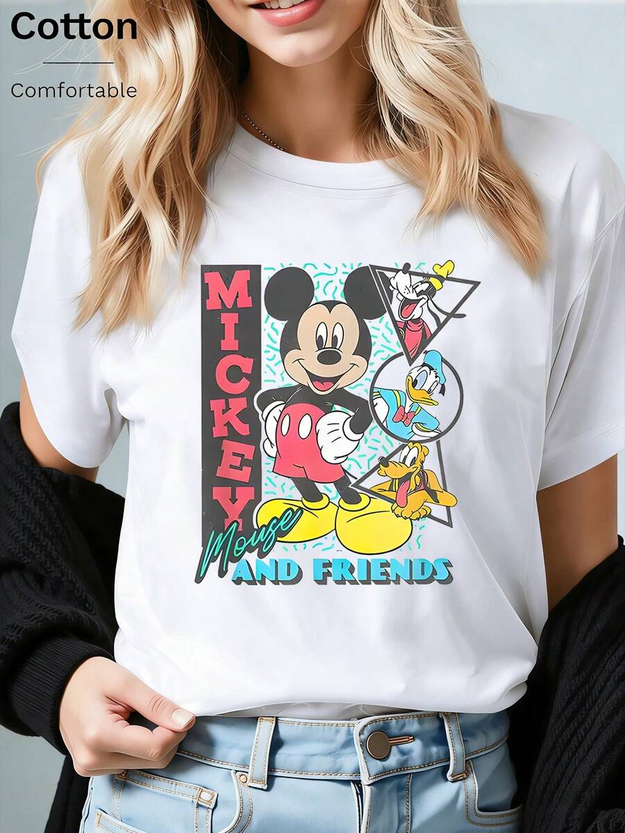 Disney Loose Fit "MICKEY MOUSE AND FRIENDS" Geometric Style Mickey And Partner Printed T-Shirt, Suitable For Summer And Spring, Short Sleeved Tops, Women's Clothing, Holiday Gift Party Clothing. - trắng - Xem 1