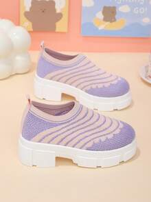 1 Pair Kids' Casual Sneakers, Breathable Elastic Knit Striped Wavy Pattern Fabric, Classic Round Toe Thick Sole Slip-On Design, Fashionable & Cute For Students, Suitable For Daily, Vacation, Campus Wear, Spring/Summer/Autumn - Pink and Purple - View 3