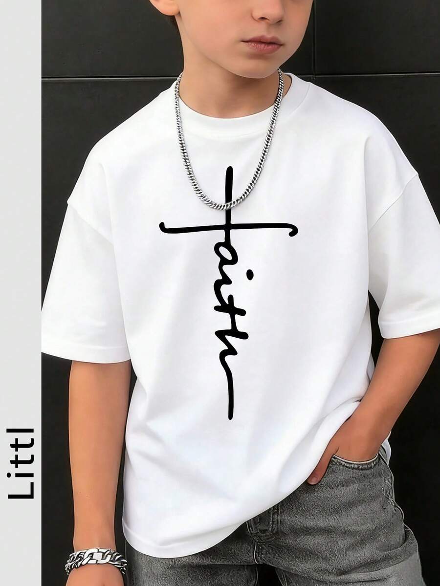 Tween Boy Casual Print Vit T-shirt med rund hals, kortärmad T-shirt, sommartopp - Vitt - Visa 1