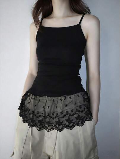 Embroidered Mesh Hem Lace Patchwork Slip Camisole With Fitted Camisole For Women