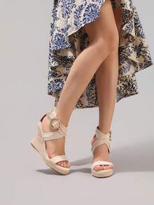 绳编厚底凉鞋，度假休闲露趾优雅高跟拖鞋，日常时尚麂皮女鞋 - 杏色 - 查看 7