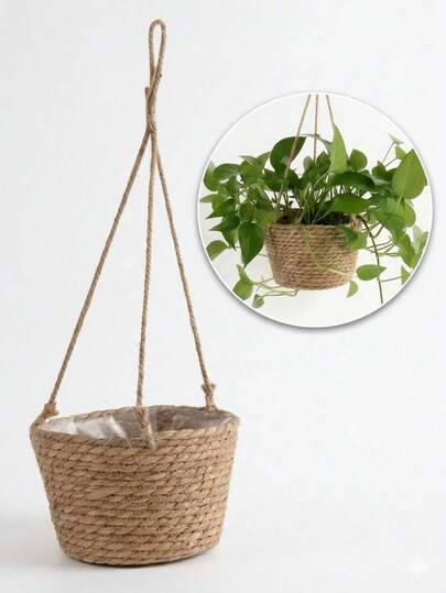 花园悬挂式花盆，手工编织植物收纳篮，黄麻绳编织室内外花盆架，植物吊篮，家居装饰