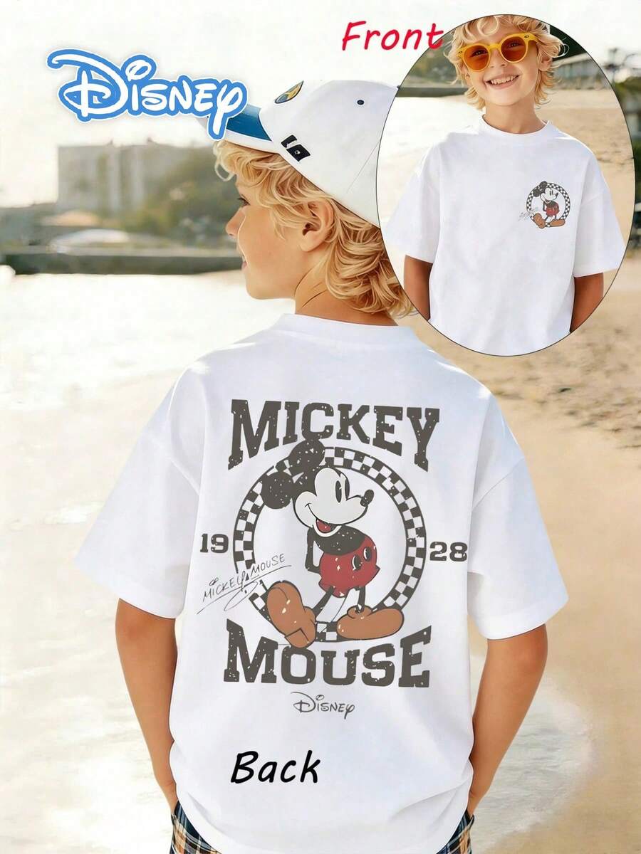 1pc Disney Mickey Mouse Playful Retro Emblem Tween Boys Fun T-Shirt - Comfortable & Lightweight, Ideal For School Days And Weekend Hangouts - trắng - Xem 1