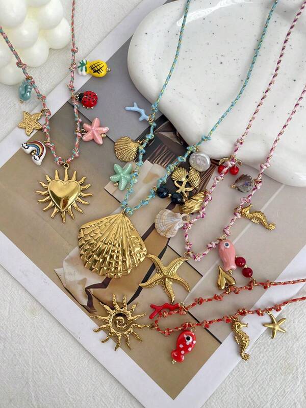 1 Bohemian Ocean-Inspired Creative Fashion Elegant Glamorous Light Luxury Exquisite Shell Sun Heart Seahorse Insect Cherry Pineapple Braided Pendant Necklace For Women, Sisters, Couples, Prom, Graduation Jewelry Gift Perfect For Mother's Day, Valentine's Day, Daily Dates, Parties, Holidays, Summer Beach Vacations