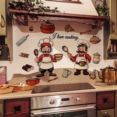 1 tấm giấy dán tường tự dính hình dụng cụ đầu bếp sáng tạo, chất liệu vinyl, có thể tháo rời, trang trí tường nhà bếp.