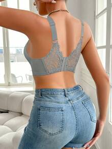 Grey Sexy Lace Supportive Wireless Bra, Comfortable Lift-Up Bra For Women - Grey - View 7