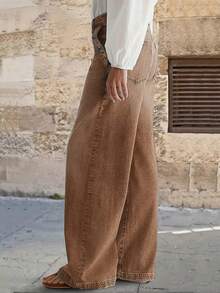 新款复古水洗阔腿休闲牛仔裤，棕色，女士款 - 高品质，时尚舒适，春季必备 - 棕色 - 查看 4