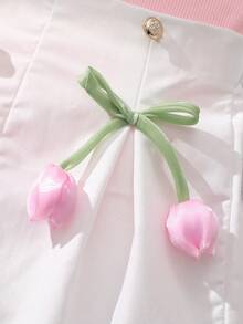 2pcs/Set Fashionable Solid Color Collar Knit Sleeveless Top + Solid Color Button Bow Floral Decor Loose Shorts, Casual Daily Wear For Teenage Girls In Summer - Pink - View 9