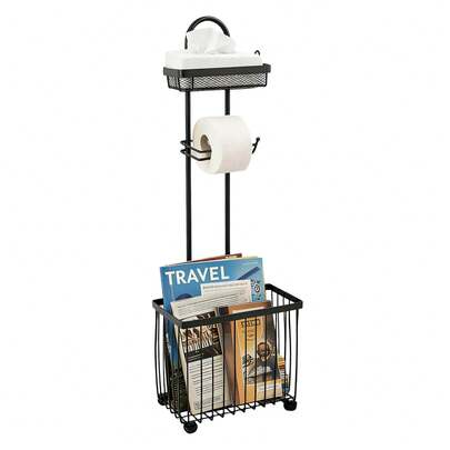 Black Modern Toilet Roll Holder With Basket Shelf – Steel Space-Saving Bathroom Organiser For Phone & Tissue Storage