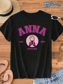 Disney Women's Casual Cotton Round Neck Short Sleeve T-Shirt With Anna Frozen Graphic Print - Black - View 2