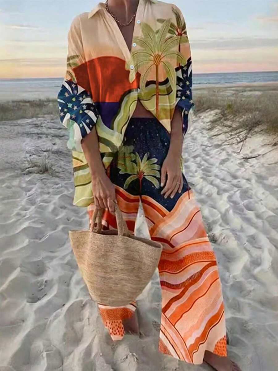 Bộ đồ hai mảnh dành cho nữ phong cách Boho Hawaii với áo sơ mi cổ cài cúc và quần ống rộng, thích hợp cho kỳ nghỉ hè, du lịch hoặc nghỉ dưỡng mùa xuân. - Nhiều màu - Xem 1