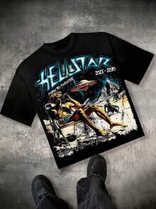 Hellstars Path To Paradise UFO Alien Y2K Graphic T-Shirt,220g 100% Cotton,Round Neck Short Sleeve,Black Streetwear Essential For Summer Going Out,Unisex Style - Black - View 1