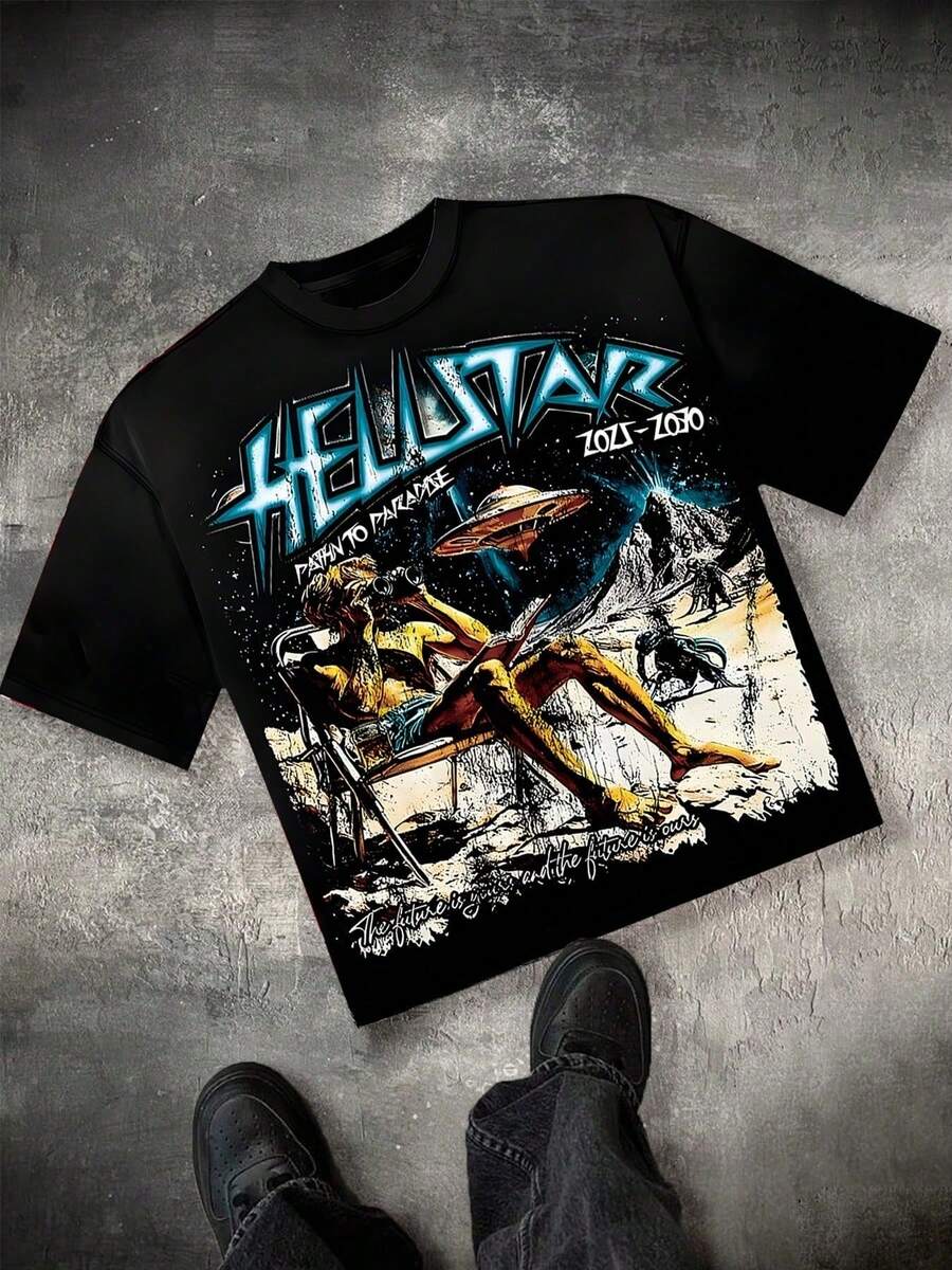 Hellstars Path To Paradise UFO Alien Y2K Graphic T-Shirt,220g 100% Cotton,Round Neck Short Sleeve,Black Streetwear Essential For Summer Going Out,Unisex Style - Black - View 1