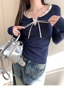 新款女士极简修身花卉拼接长袖T恤，贴身打底衫 - 藍色 - 查看 9