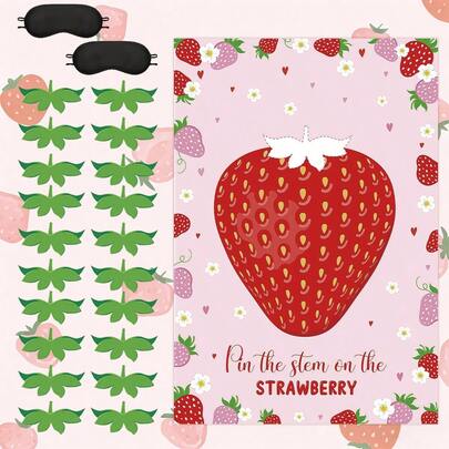 草莓主题游戏套装，包含“给草莓贴蒂”游戏海报、20张贴纸和2个眼罩，非常适合婴儿派对、甜蜜浆果主题派对、生日派对游戏，也是派对装饰和活动的完美之选。