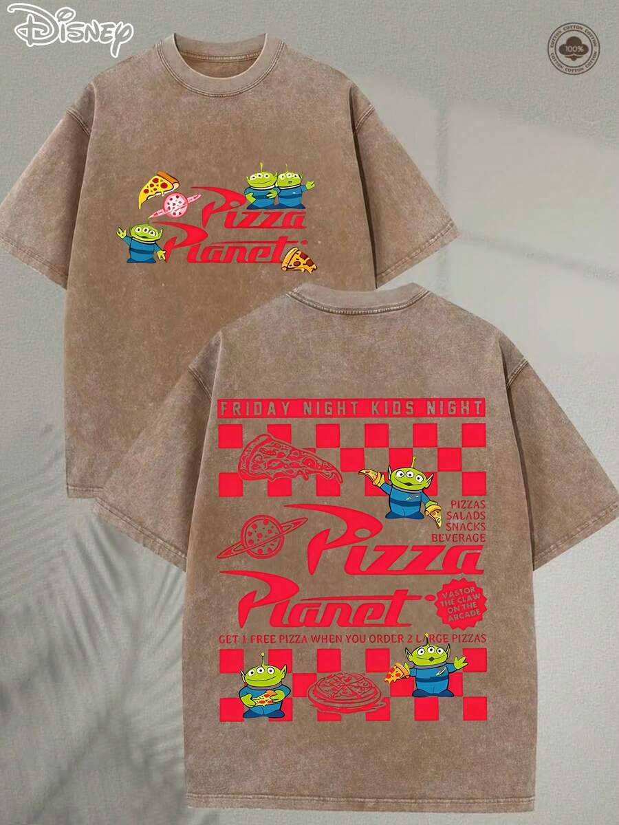 Retro Washed Cotton T-Shirt | Disney "Pizza Planet Alien Crew" Design T-Shirt | Casual Everyday Wear, Perfect For Creating A Lively Party Atmosphere. Great For Taking Photos At Disneyland Or As A Travel Souvenir. This Unisex Casual Short-Sleeved T-Shirt Is Made Of 100% Cotton And Is Suitable For Adults. The Comfortable And Skin-Friendly Fabric Is Ideal For Spring Wear And Outdoor Activities. - 摩卡棕 - 查看 1