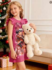 KPop Girls Demon Dress Hunters Print Ruffled Sleeve Dress For Girls,  Print, Casual Everyday Style - Hot Pink - View 4