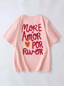 Women's Casual Slogan Print Round Neck Short Sleeve T-Shirt, Summer Pink - Pink - View 4