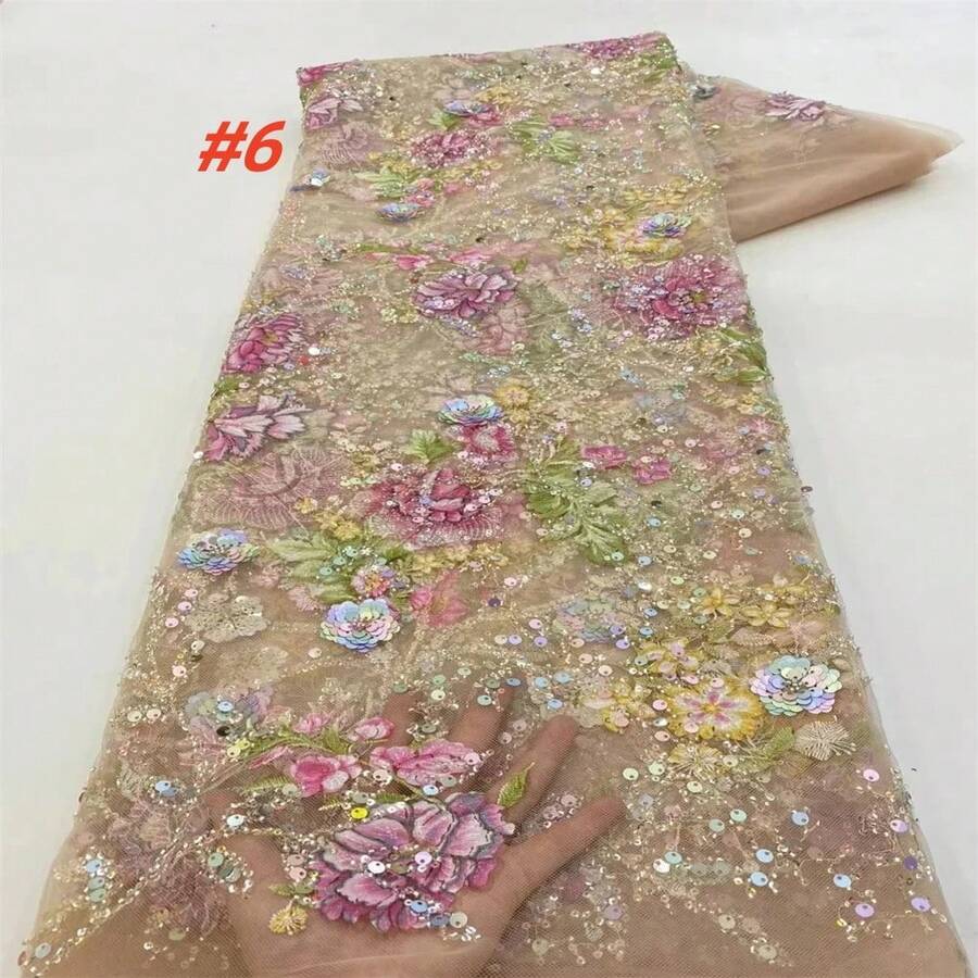 2026 High-Quality 3D Floral Embroidered Lace Fabric With African Sequins, Nigerian French Mesh Embroidered Fabric For Bridal Gown Sewing