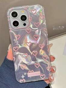 Korean Ins Style Pink Heart Wave Pattern Minimalist Girly Phone Case Compatible With Apple 17 Pro Max/17 Pro/17/17 Air/16 Pro Max/16 Pro/16/15 Pro Max/ 13 New 16 Pro Female 12 Double Layer 14/11 Full Coverage Hard Shell - Pink - View 3