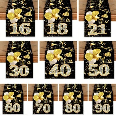 AFYPRTY 1Pc Diamond Number Birthday Table Runner, 35x180cm, Polyester Fabric, Black & Gold Glitter Style, Diamond Number & Balloon & Gift & Champagne Pattern, Rectangular Table Decor For 16th/18th/21st/30th/40th/50th/60th/70th/80th/90th Birthday Party, Celebration, Banquet And Home Dining Table