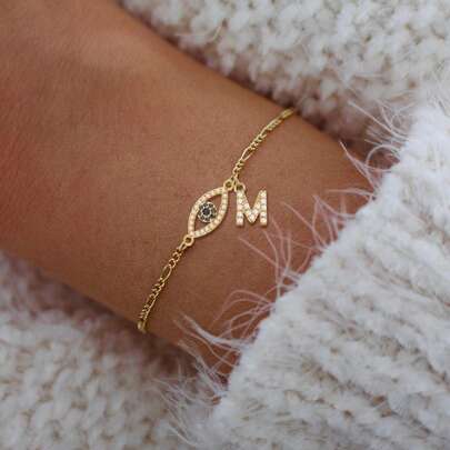 1pc Simple Classic Eye Initial Golden Stainless Steel Figaro Chain Bracelet For Women