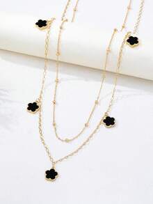 1件双层串珠链黑色五瓣花吊坠腰链，性感比基尼海滩度假饰品 - 黑色 - 查看 4