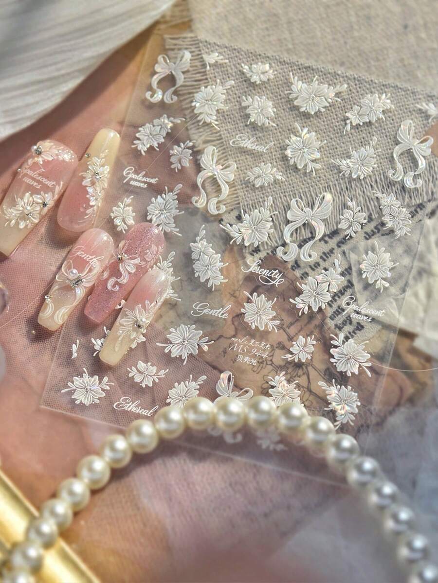 1个珍珠母贝蝴蝶结白色5D小花缎带蝴蝶结优雅美甲贴纸自粘按压式美甲贴，适合女性，闪亮新娘美甲装饰，适用于婚礼派对特殊场合 - 彩色 - 查看 1