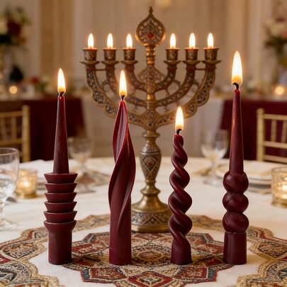 1支勃艮第酒红色艺术螺旋条纹蜡烛，配黑色创意烛台，复古法式风格，适合婚礼季、斋月、家居装饰、圣诞节、新年和情人节等场合作为礼物。