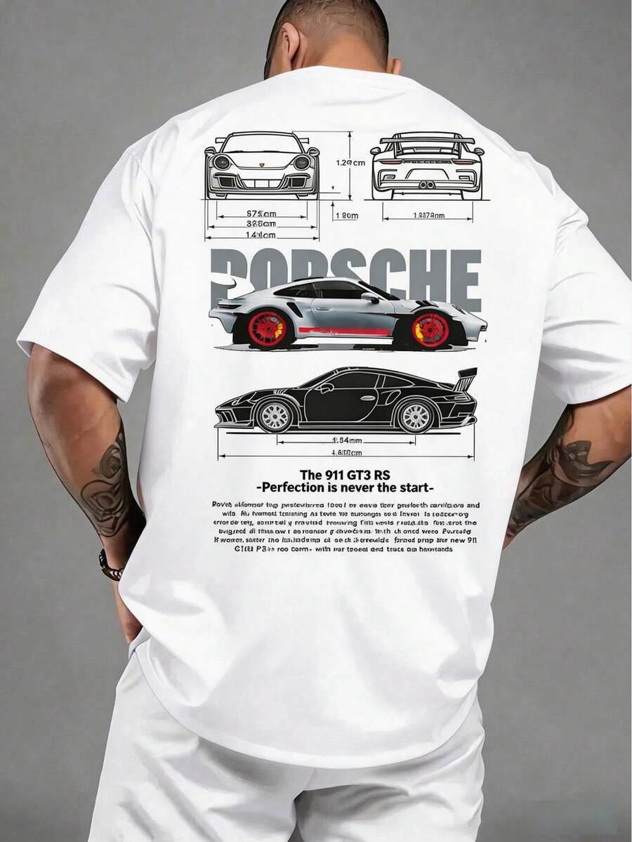 Orcacoatings Men's "Supercar 911 GT3 RS" Graphic T-Shirt, 100% Cotton Breathable Short Sleeve Tee, Back Detailed Car Blueprint Illustration & "Perfection Is Never The Start" Slogan, Automotive Vibe Perfect For Car Enthusiasts & Gearheads, Y2K Aesthetic Men Shirts, Men's Summer Clothes,Streetwear T Shirts For Men - 白色 - 查看 1
