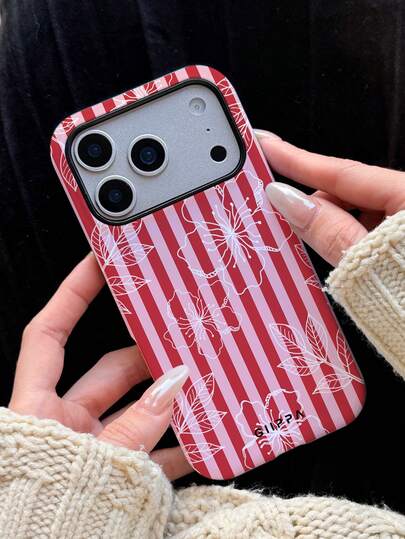 GIIPPA 1 Piece Pink Striped & Hand-Painted White Flower Design Phone 17 Pro Max Case, Suitable For IPhone 16 Pro Max, 15 Pro Max, 14 Pro Max, Korean Stylish & Interesting Phone Case, Compatible With IPhone 11/12/13/14/15/16 Pro Max Plus, Elegant Design For Both Men And Women, Ideal Gift For Girlfriend On Christmas, Valentine's Day, Easter, Wedding Season And Birthday