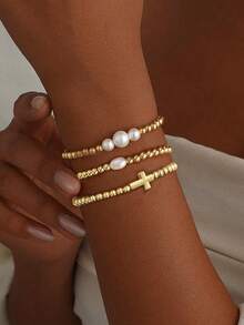 3pcs 14K Gold-Plated Bead Faux Pearl Cross Bracelet Set For Women Stylish, Delicate, Casual Adjustable Stretch Bracelet Set With Asymmetrical Pearl Cross Birthday Gift, Christian Jewelry Gift, Faith Jewelry Gift - Gold - View 6