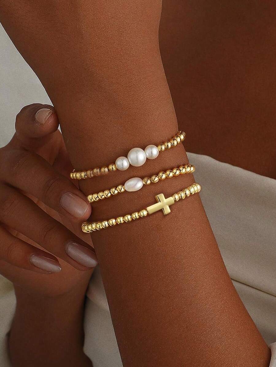 3件套14K镀金珠子仿珍珠十字架手链套装，女士时尚精致休闲可调节弹力手链套装，不对称珍珠十字架，生日礼物、基督教珠宝礼物、信仰珠宝礼物 - 金色 - 查看 1