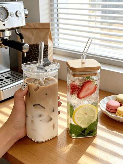 1 cốc thủy tinh vuông chịu nhiệt 400ml có nắp và ống hút, màu trong suốt, thích hợp dùng cho trà, nước ép, đồ uống tại nhà, đồ dùng học tập.