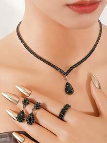 3pcs/Set Silver Metal Rhinestone Necklace, Earrings And Bracelet Jewelry Set, Bridal Wedding Accessories - 1413783424-2 Black Suit - View 1