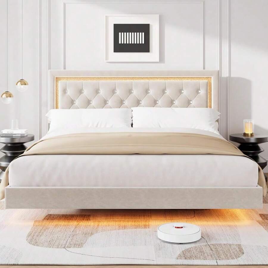 Cama Flotante para El Hogar, Cama Tapizada con Plataforma y Cabecero En Forma de Rombo, Soporte De Listones de Madera Maciza, No Necesita Somier, Silenciosa, FáCil de Montar - REY - Blanco - Ver 1