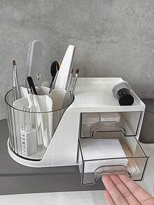 1pc Rotating Pen Holder Organizer, Desktop Rotating Makeup Brush Holder, Vanity Makeup Storage Box, Lipstick Desk Organizer Rack - White - View 7