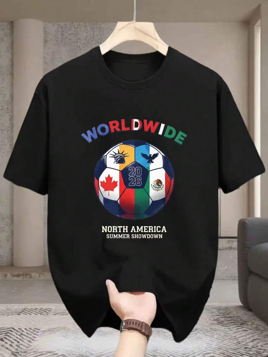 1 Piece 2026 World Cup USA, Canada And Mexico Jersey T-Shirt, The Perfect Gift For Football Fans, 180g Vintage, 100% Cotton, T-Shirt, Spring Clothes, Summer Tops - 黑色 - 查看 1