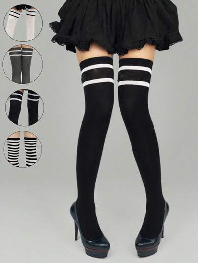1双女士条纹过膝袜，性感学院风，舒适休闲日常穿着，适合学生、演出、JK、Y2K风格，舒适袜子
