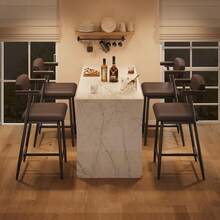 Contenedor moderno de altura de los taburetes de la barra Conjunto de 2 o 4, taburetes de la barra con respaldo de madera, asiento tapizado más amplio, reposapiés de metal - fácil montaje, perfecto para la isla de la cocina, la barra del hogar - Respaldo de cuero marrón - Juego de 4 piezas - Ver 6